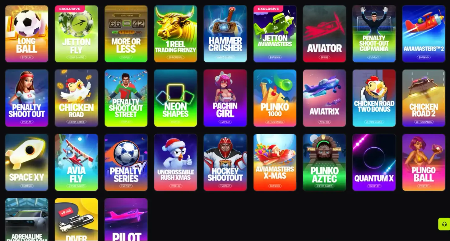 Раздел быстрых игр Jetton: Aviator от Spribe, Aviatrix, Plinko 1000 и Chicken Road под лейблом JetTon Games